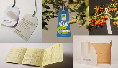 Lahnur Anwendungsbeispiele: Speisekarte, Pflücken erlaubt Schild an Ast hängend