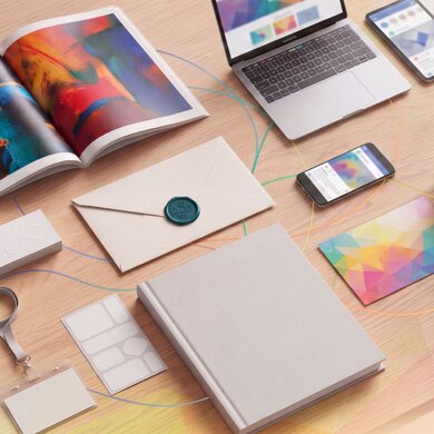 Stilbild eines Marketingmix der Print in den Vordergrund rückt | © KI-generiert